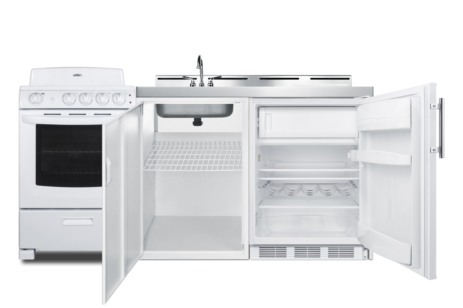 72 inch wide all-in-one kitchenette with 220V 4-element electric coil range, refrigerator-freezer, sink, cutting board and cutlery storage, and a storage cabinet